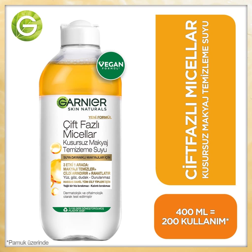 Garnier Çift Fazlı Micellar Kusursuz Makyaj Temizleme Suyu, 400 ml